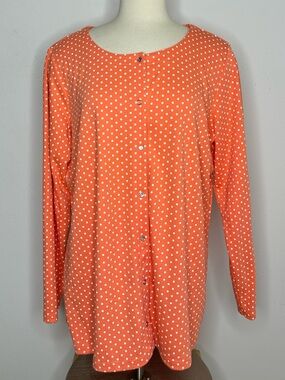 Quacker Factory Women’s XL Coral Orange White Polka Dot Cardigan Button Front